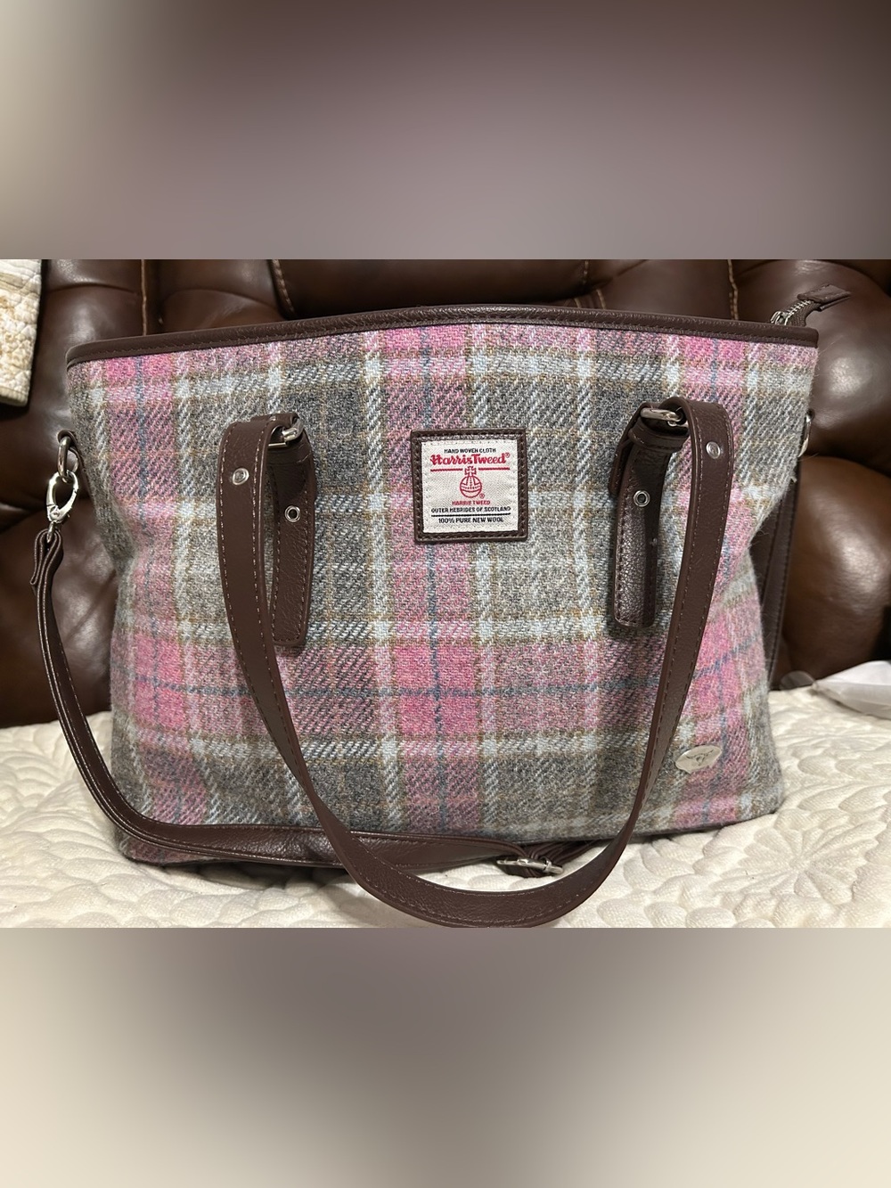 Harris Tweed Pink Plaid Tote with Brown Trim and Straps